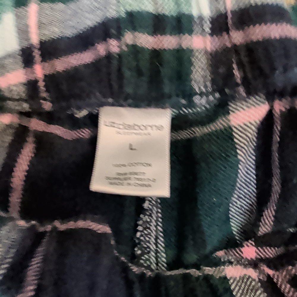 Liz Claiborne Women's Pants Drawstring Green Navy Pink Plaid Flannel Size L - Picture 2 of 3